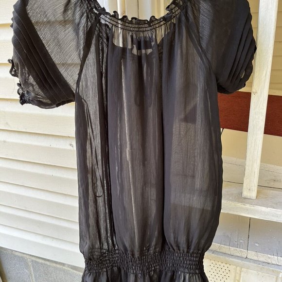 Miley Cyrus Max Azria Women Black Ruffle Boat Neck Surplice Sheer Blouse Size M - Picture 6 of 10